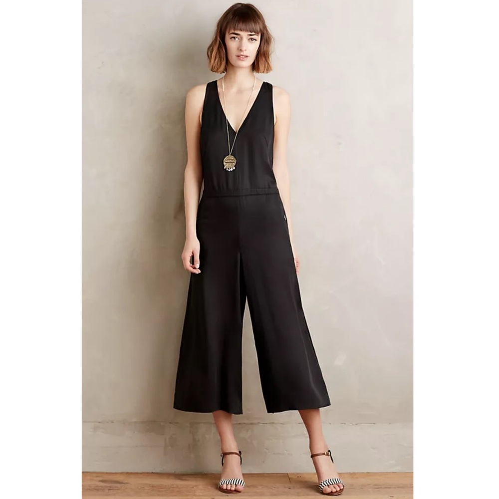 Anthropologie Elevenses Black Kilda V-Neck Wide Leg Ankle Jumpsuit Size XS